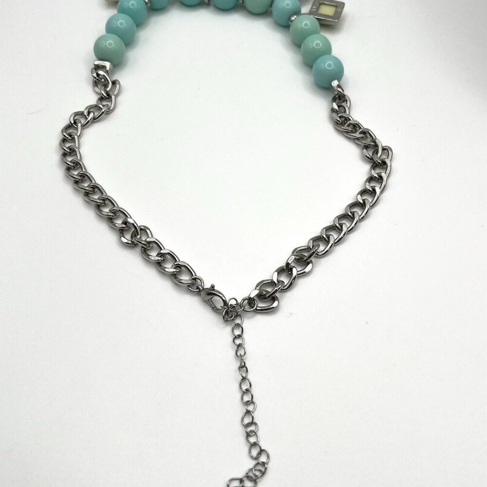 Mint Green Y2K Statement Bib Necklace Crystal Floral Cluster Beads Silver Tone - Picture 4 of 4